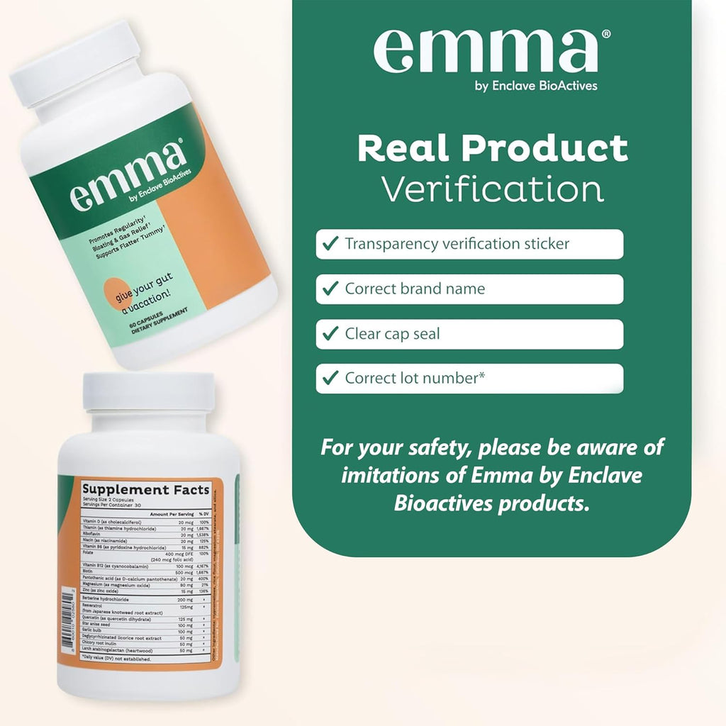 Emma Gut Health - 4 Pack - Gas and Bloating Relief, Constipation, Leaky Gut Repair - Gut Cleanse & Restore Digestion - Regulate Bowel Movement. Probiotics and Laxative Alternative, 240 Capsules