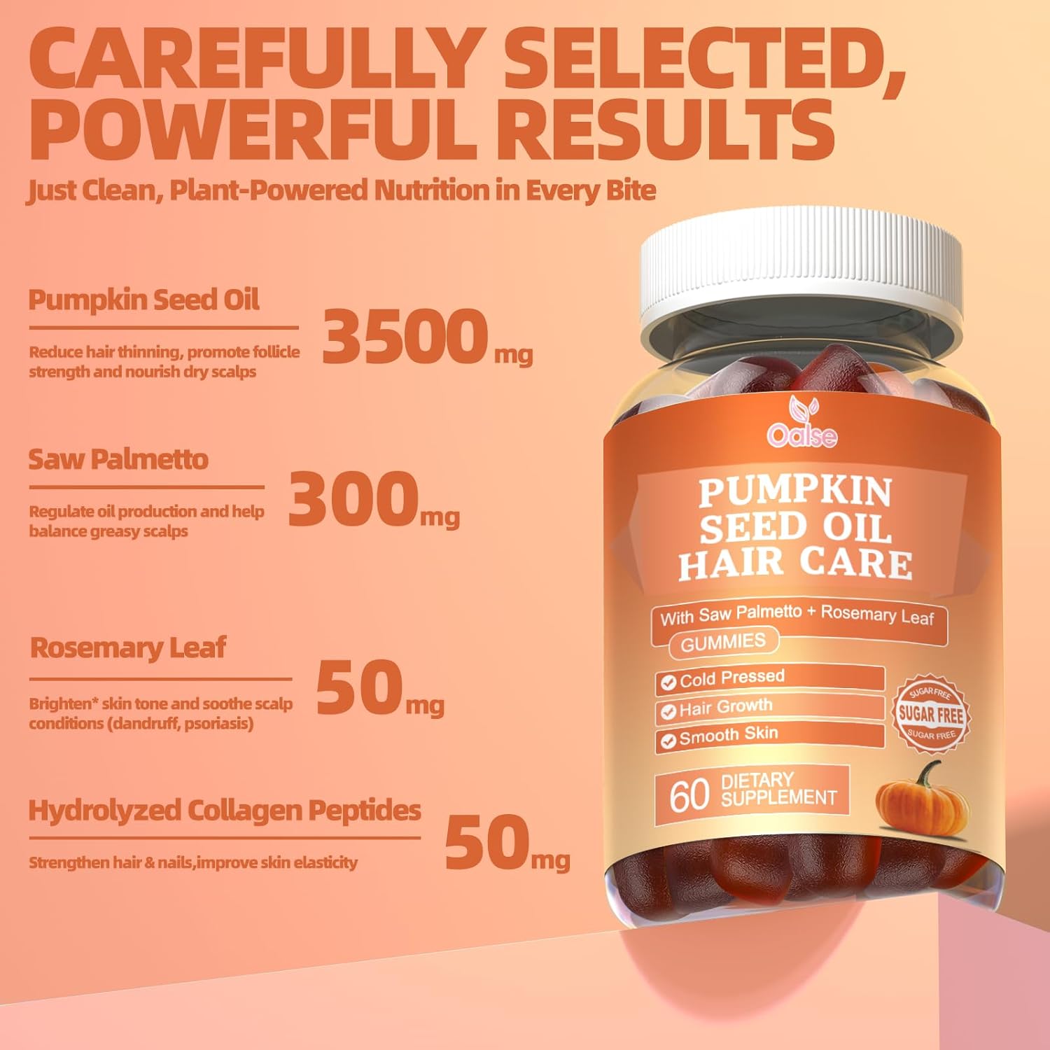 Pumpkin Seed Oil Gummies, 3500mg Per Serving, Cold Pressed, with Saw Palmetto, Rosemary Leaf, Zinc, Hydrolyzed Collagen Peptides, Pumpkin Seed Oil for Hair Growth, Vegan, 60 Counts