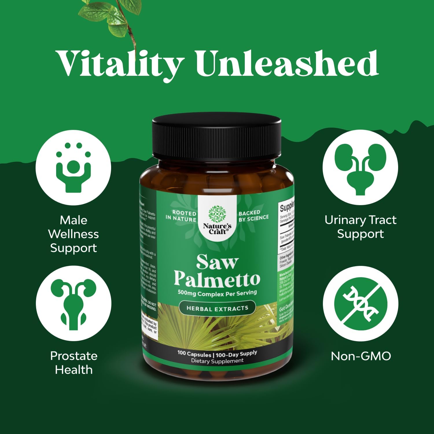 Extra Strength Saw Palmetto Extract - Advanced Herbal Complex for Hair Health and Urinary Support with Plant Sterols & Flavonoids - Potent Herbal Supplement with 500mg per Serving - 100 Capsules
