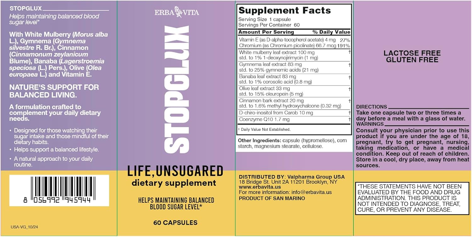 Stopglux 60 Capsules – Dietary Supplement for Sugar Intake and Dietary Habits with Chromium Picolinate, Coenzyme Q10 and Gymnema Sylvestre