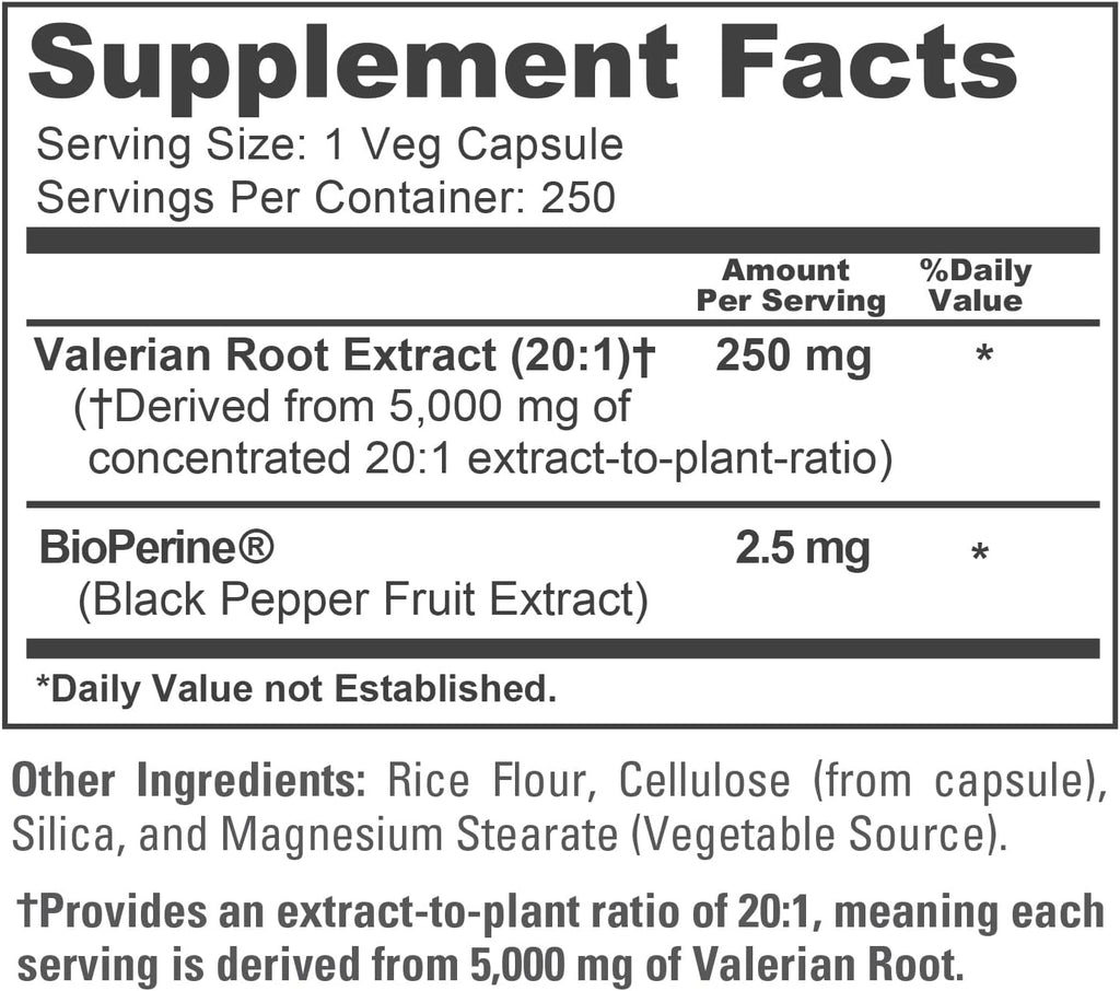 NusaPure Valerian Root 20:1 Extract, 250 mg Equivalent to 5000mg Per Veggie Caps, 250 Count, Vegan, Non-GMO, Bioperine