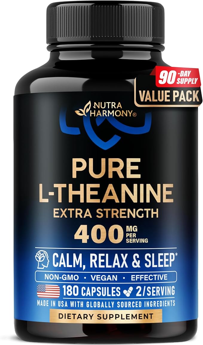 L Theanine 400 mg | L-Theanine Stress Relief | Extra Strength Supplement | Made in USA | Relaxation, Sleep & Calm Support | For Men & Women | Plant Based, Non-GMO & Gluten-Free | 180 Vegan Capsules