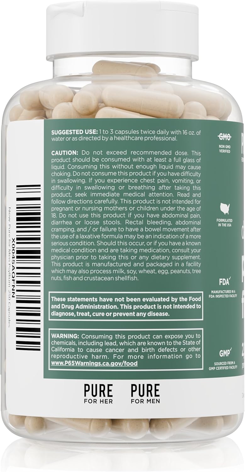 Pure for Men Daily Psyllium Husk Fiber Supplement Pure for Her | Digestive Regularity & Gut Health Support | Soluble Fiber Powder, 2,175mg Per Serving | 250 Capsules