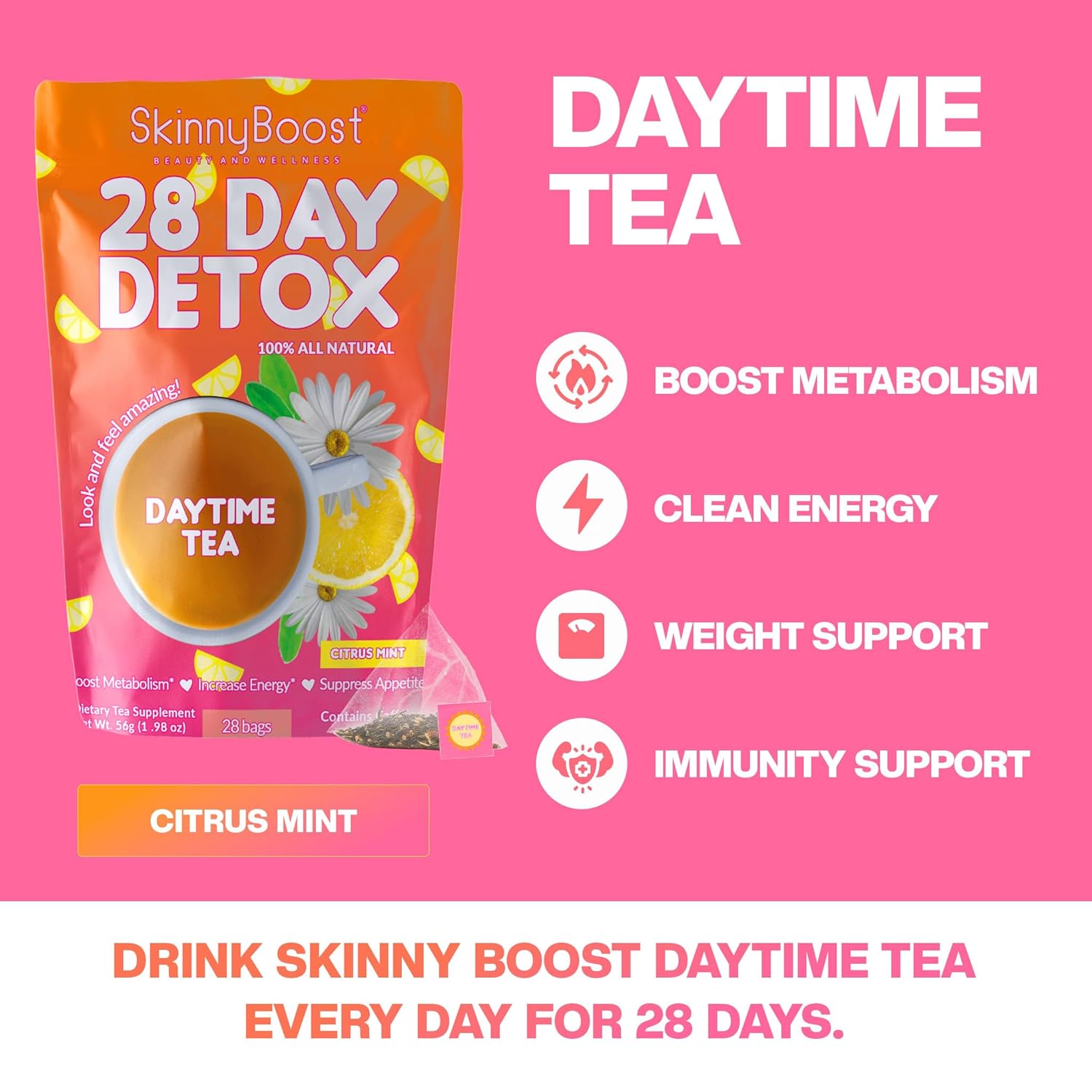 SkinnyBoost 28 Day Detox Tea Kit – Natural Cleansing & Bloating Support – 3 Pack - 28 Daytime Tea Bags & 14 Evening Tea Bags – Green Tea & Herbal Blend – Non-GMO, Vegan, Keto-Friendly, Sugar-Free