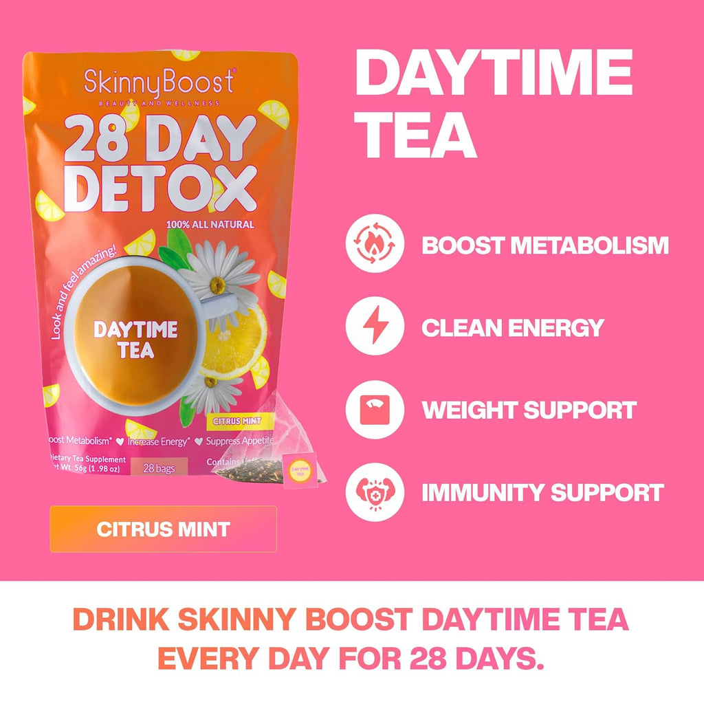 SkinnyBoost 28 Day Detox Daytime Tea - CITRUS MINT (28 Tea Bags) Supports Metabolism Boost, Detox, All Natural, Non GMO, Vegan, Keto Friendly