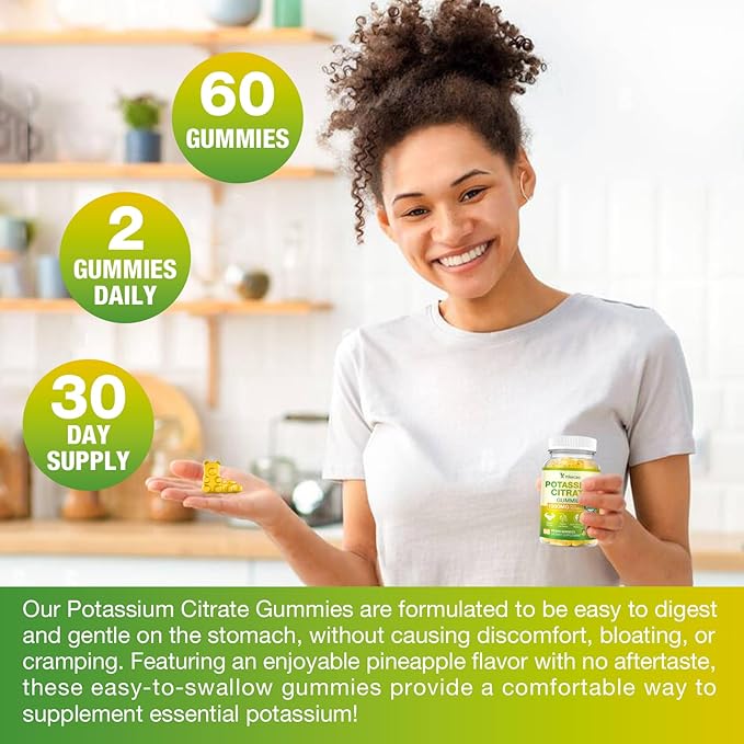 1500mg Potassium Citrate Gummies, Sugar-Free Potassium Supplement Gummies for Adults Women & Men, Support Leg Cramps & Electrolyte Balance, Vegan, Pineapple Flavor, 60 Count