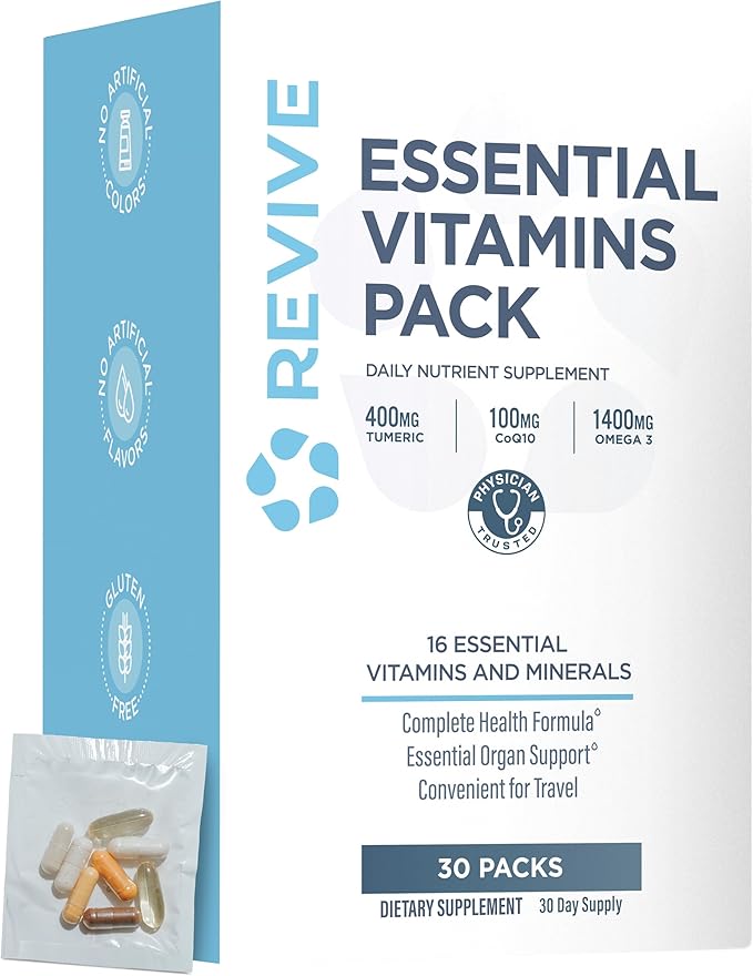 Revive MD Essential Vitamin Packs for Men & Women – Daily Multivitamin Packets with Arjuna & Turmeric Extract – Supports Heart, Joint & Organ Health – Travel-Friendly Vitamin Supplement (30 Servings)