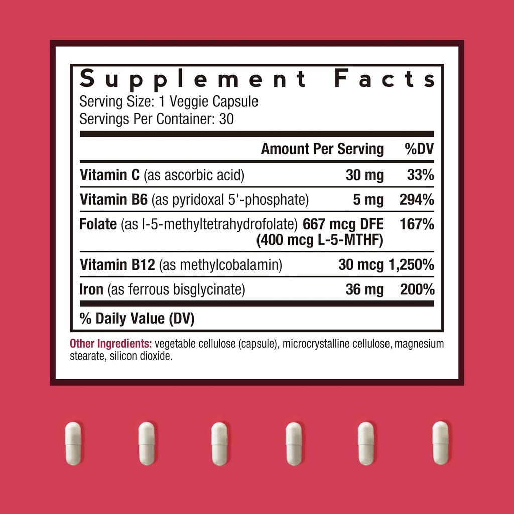 Doctor's Recipes Iron Supplement for Women Men - Gentle Iron Bisglycinate with Vitamin C, B6, Folate & B12 - Non-Constipating & Stomach Friendly Iron Pills for Blood & Energy Support, 30 Vegan Caps
