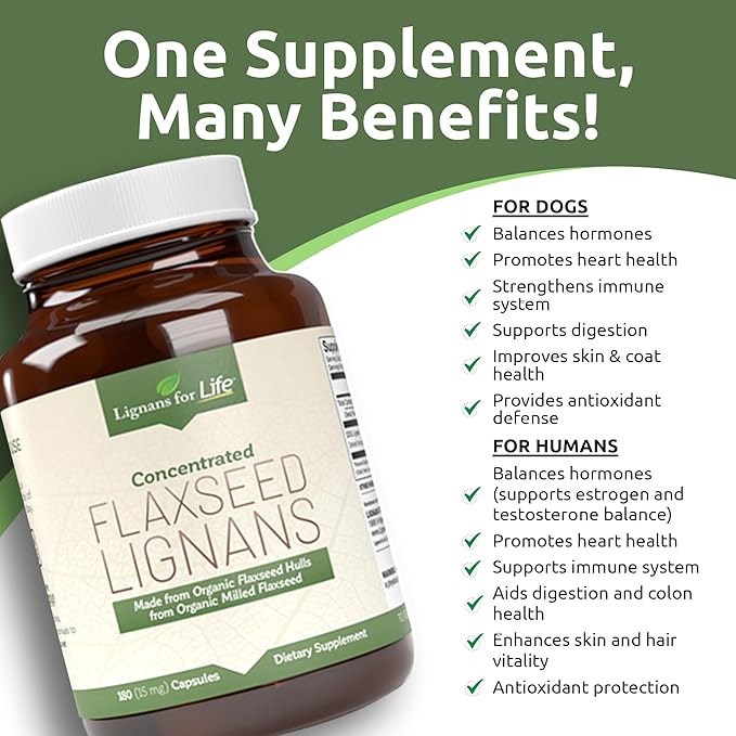 Lignans For Life Flaxseed Lignans for Dogs & People + SDG - Omega 3 Fatty Acids, High Fiber Antioxidants - Improve Shiny Coat, Digestive & Heart Health for Dogs, 15mg, 180 Flaxseed Capsules, 1 Pack