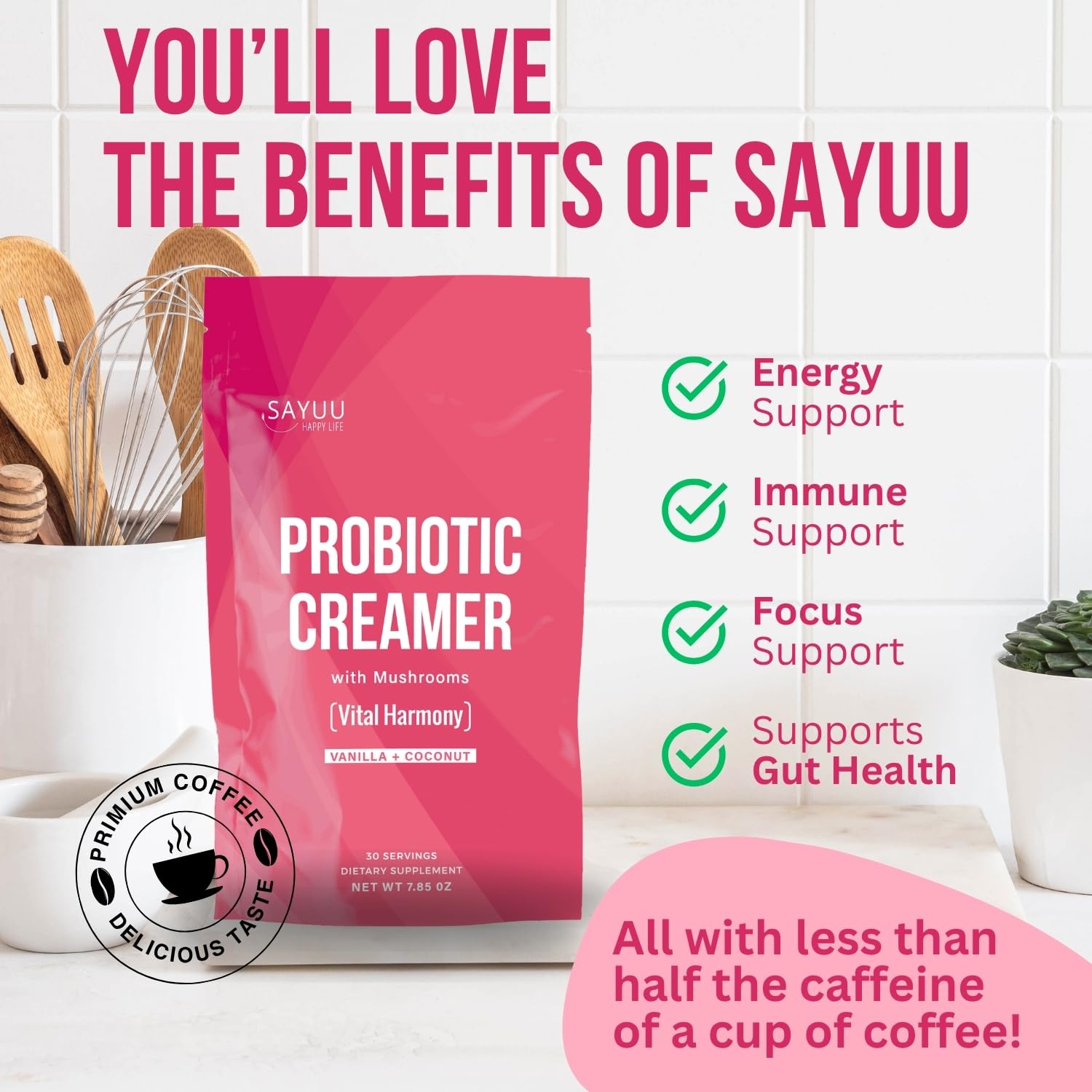 SAYUU Functional Probiotic Creamer With Mushrooms – Enriched With Powerful Adaptogenic Mushrooms Like Lion's Mane, Reishi, And Cordyceps For Energy, Focus, And Stress Relief (30 Servings)