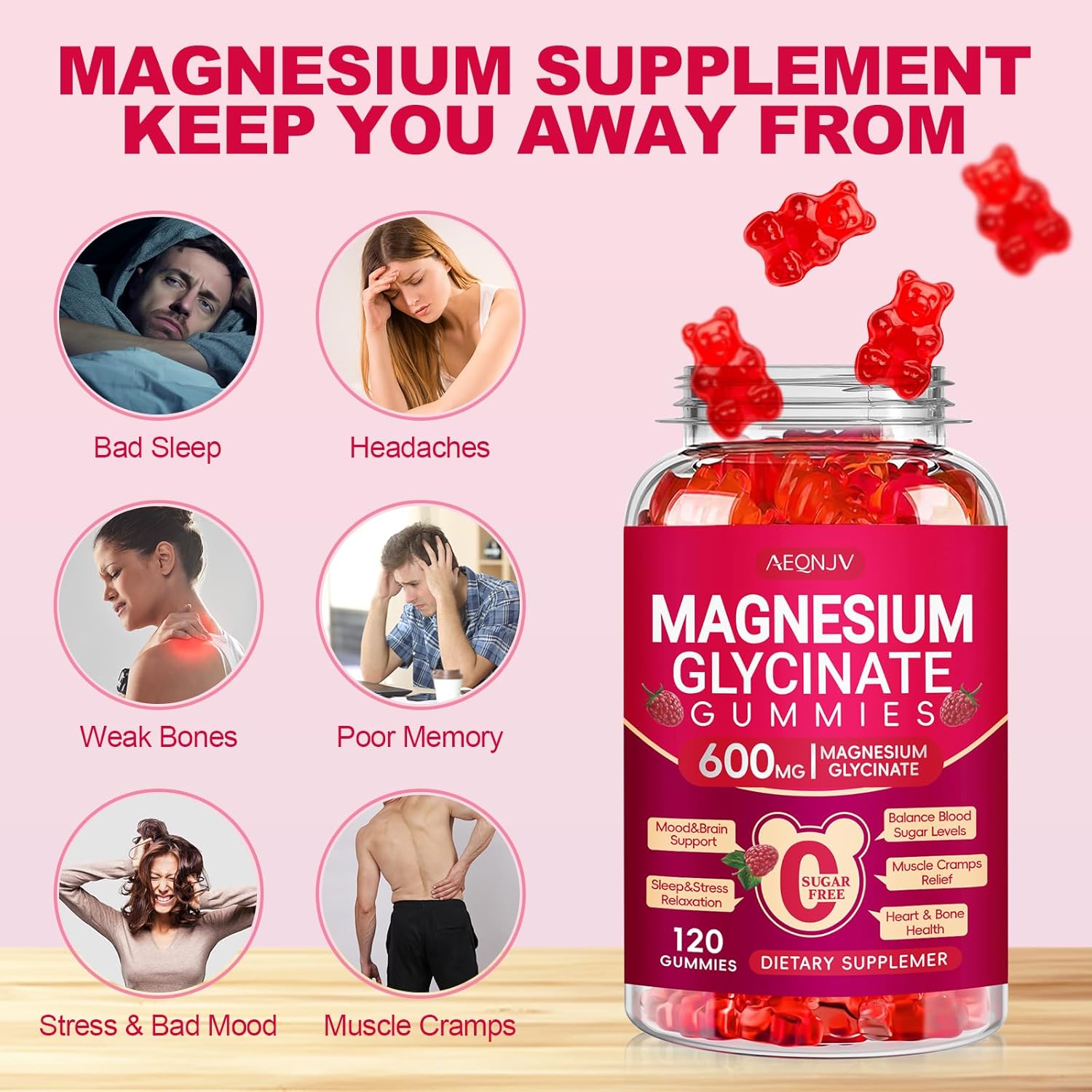 Magnesium Glycinate Gummies 600mg, Sugar Free Magnesium Gummies for Adults with L-Threonate, Chewable Potassium Supplements for Sleep, Body Support and Relaxation, 2 Pack