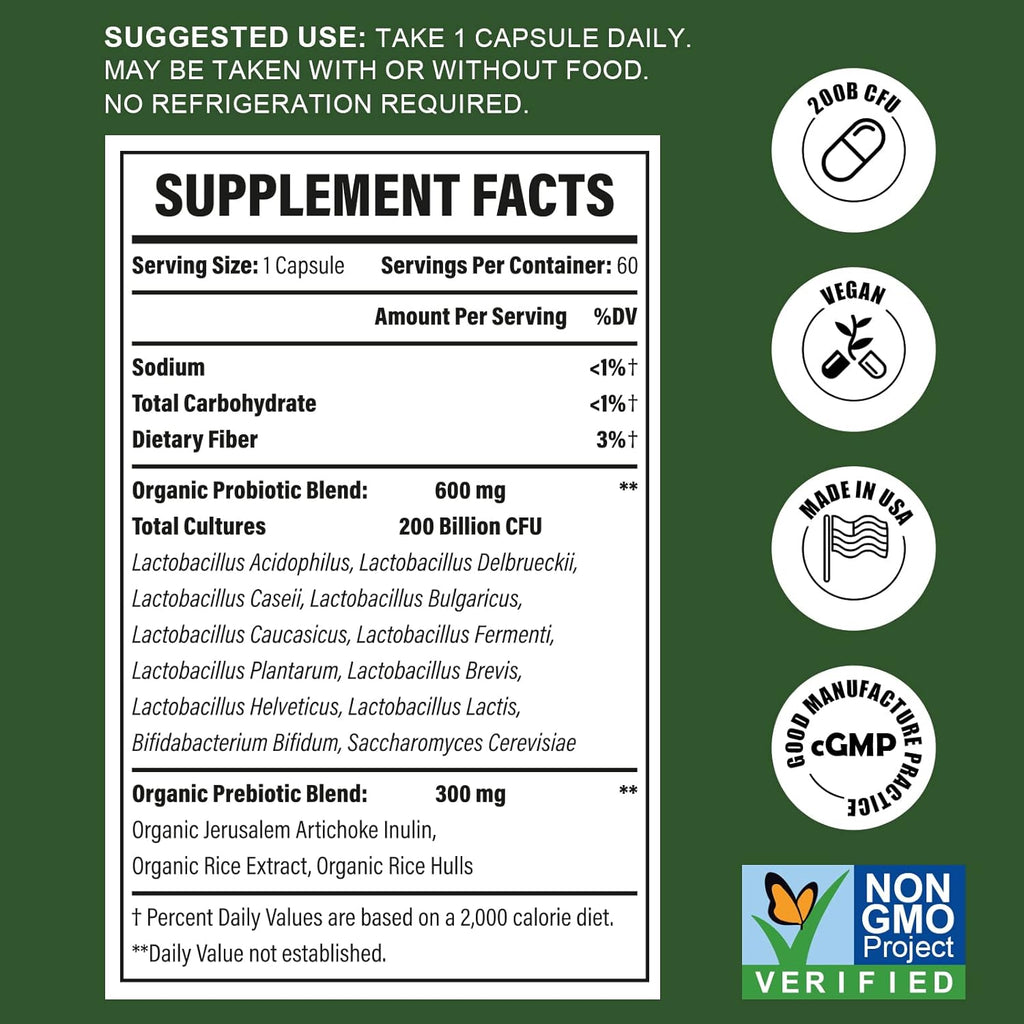 Probiotics for Women & Men, 200 Billion CFU 12 Strains with 3 Organic Prebiotics and Probiotics for Digestive Health Gut, Immune, Bloating & Gas, Energy, Overall Health, Shelf Stable - 2 Month Supply
