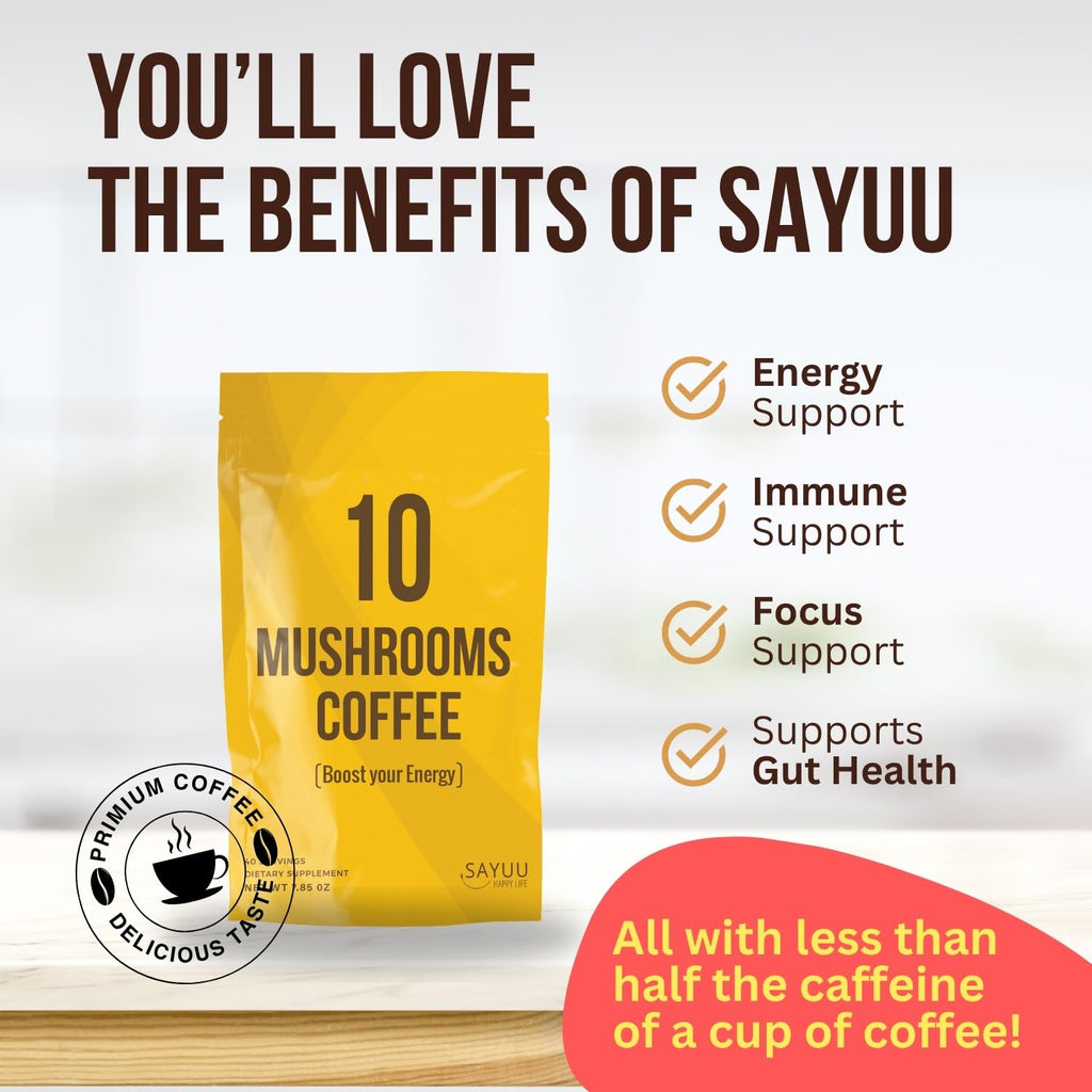 SAYUU 10 Mushroom Coffee Blend - Premium Colombian Coffee with Lion's Mane, Reishi, Cordyceps, Chaga, Maitake, Shiitake & Turkey Tail - Energy, Focus & Immune Support - Organic 40 Servings