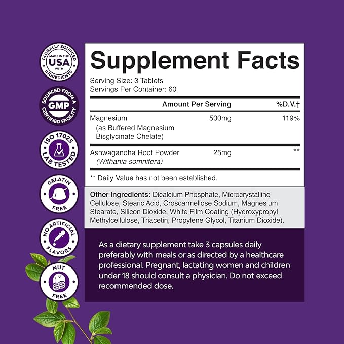 Pure Calm Relaxing Magnesium Glycinate Supplement with Ashwagandha - Magnesium for Stress Support & Rest Ease for Adults - High Absorption Tablets for Bone Support & Muscle Cramps - 180 Count