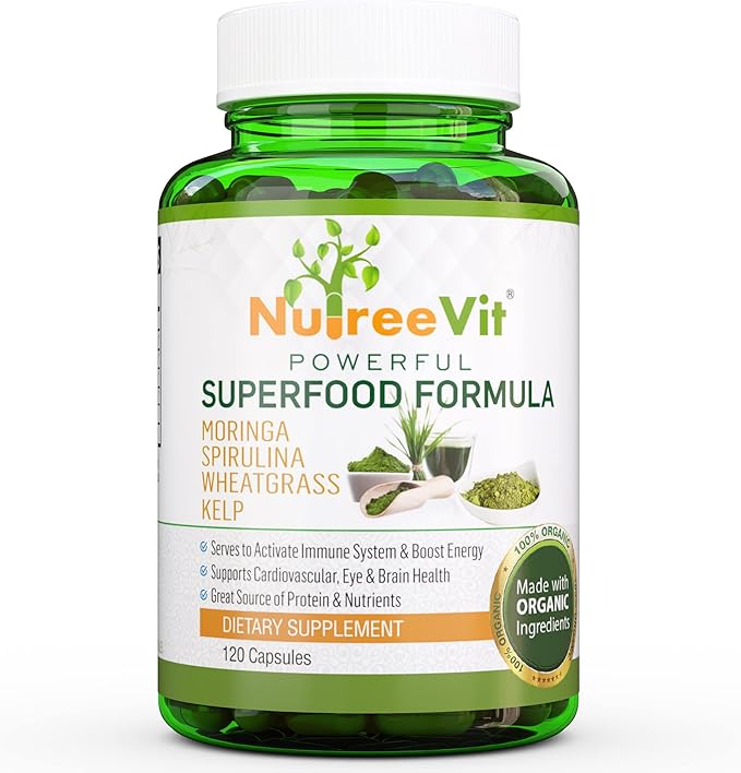 NutreeVit 100% Organic Powerful Superfood Formula - Immune System Booster Energy Pills with Moringa, Spirulina, Wheatgrass, and Kelp - 200 Count Bottle