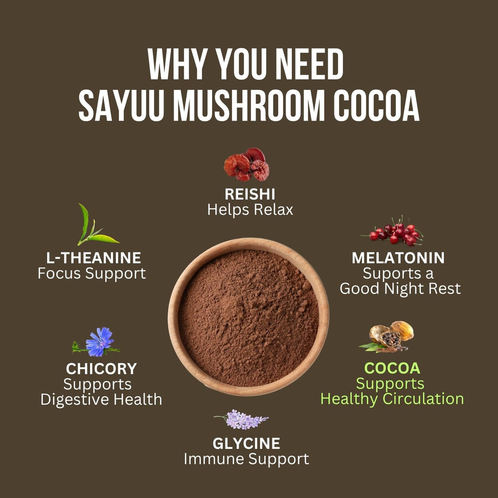 SAYUU Mushroom Coffee Hot Cocoa Mix –Instant Coffee Blend Enriched with Reishi, L-Theanine, Melatonin, Rich Cacao Flavor, Gut & Immune Health Support, Quick & Easy Bedtime Drink - 20 Servings