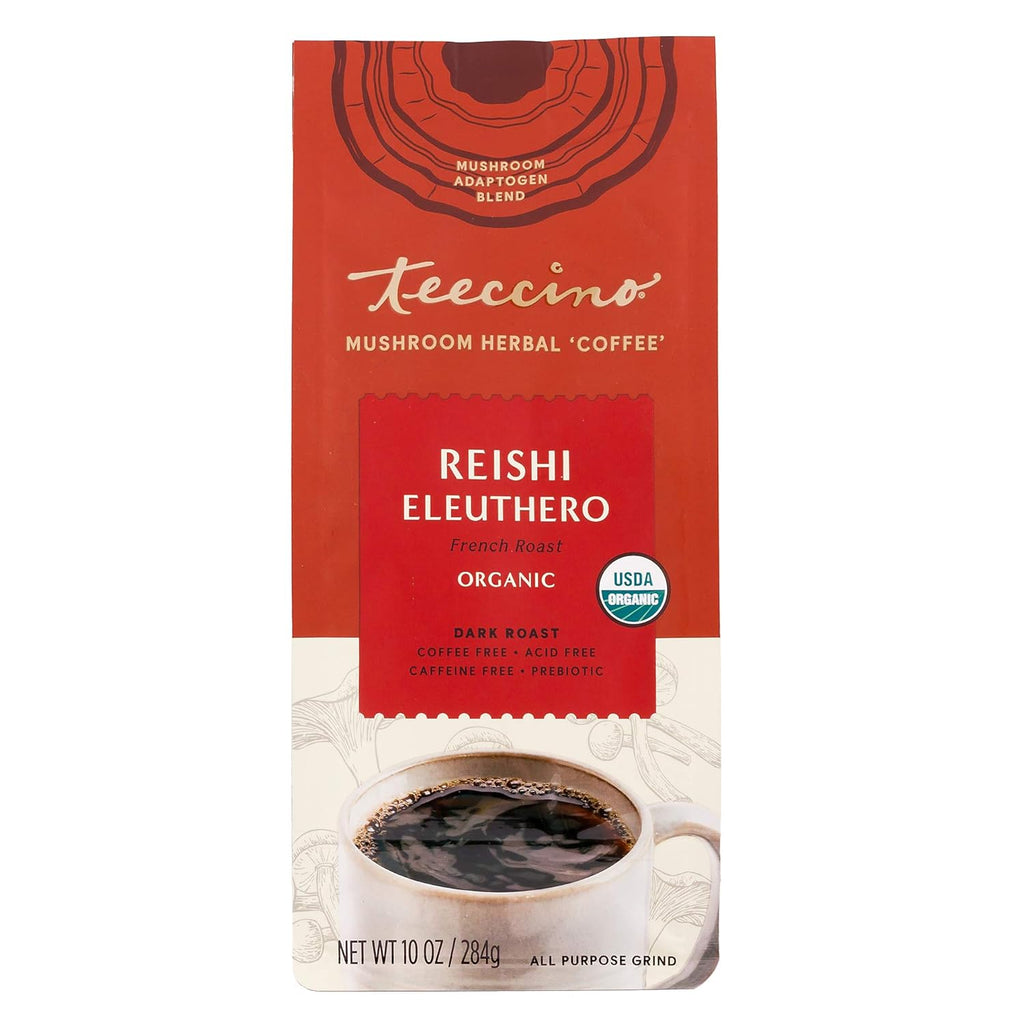 Teeccino Reishi Eleuthero Coffee Alternative - French Roast - Organic Adaptogenic Herbal Mushroom Coffee, Dark Roast, Caffeine Free, Prebiotic, Acid Free, All-Purpose Grind - 10 Oz