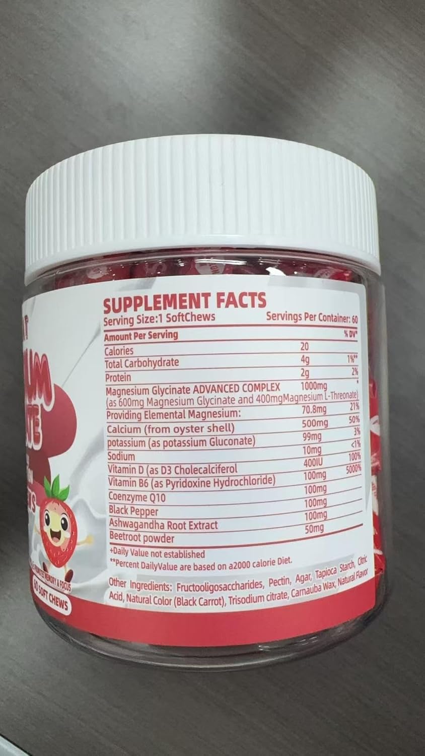 Magnesium Glycinate Soft Chews, Strawberry Flavor.Chewable Sugar Free Potassium Magnesium Chews with Magnesium Glycinate, Vitamin D, B6, and CoQ10 for Calm Support & Sleep for Adults, 60 Days Supply