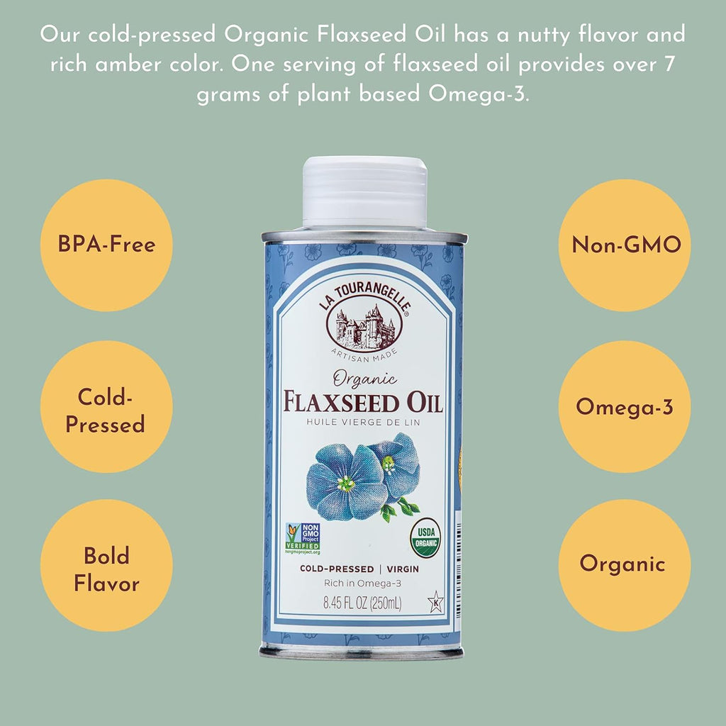 La Tourangelle, Organic Flaxseed Oil, Essential Omega-3 to Improve Heart Health, Vegan, Non-GMO, Gluten-Free, Kosher, Cast Iron Seasoning, 8.45 Fl Oz