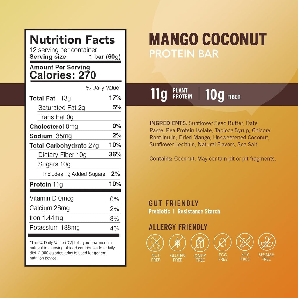 Amrita Nut Free Mango Coconut Vegan Protein Bars (12 Count PK of 3) | 11g Plant-Based Protein Bar | Peanut Free, Gluten Free, and Dairy Free | Low Sugar, High Fiber, Healthy School-Safe Snacks