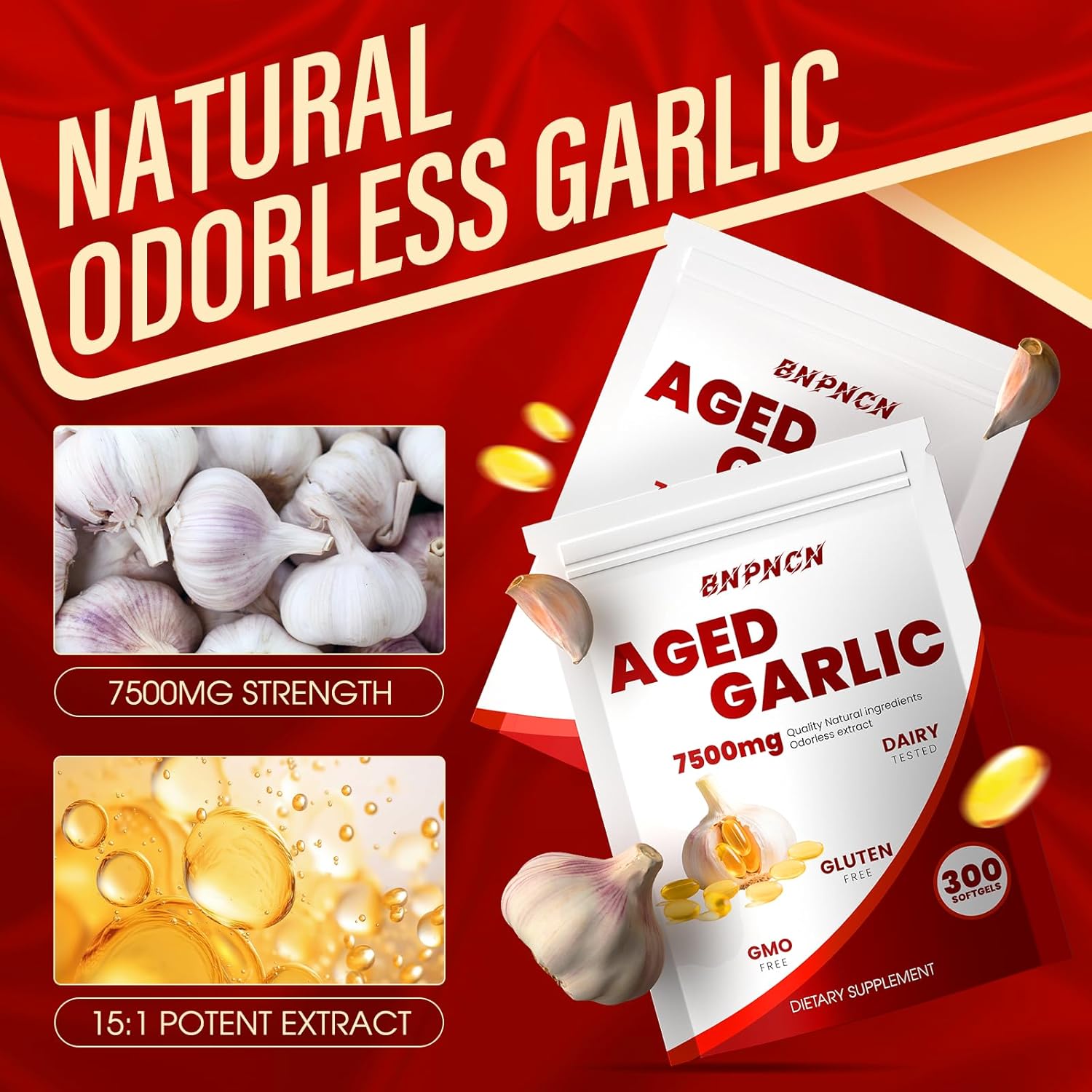 Aged Garlic Extract odorless 7500mg,Non-GMO, Gluten-Free | Supports Immune Health | Grown Allium Sativum Bulb | Potent Antioxidant Supplement,300 Softgels (1)