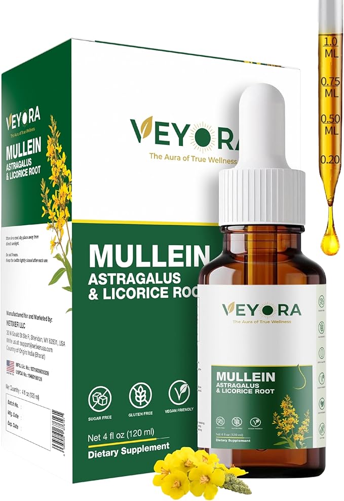 Mullein Leaf Drops with Astragalus & Licorice Root - 4 fl oz Liquid Supplement - Herbal Extract Drops - 1200mg Per Serving - Vegan, Non-GMO, Gluten Free - 120 Servings