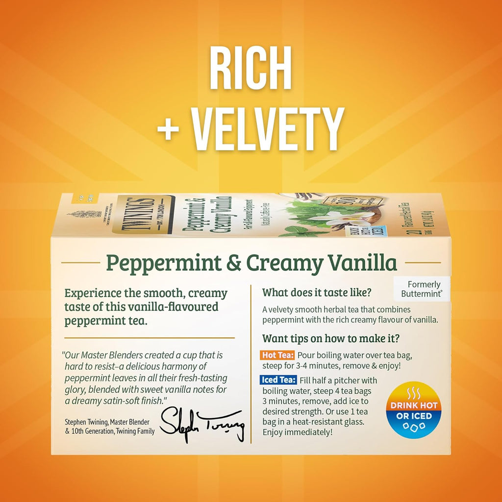 Twinings Peppermint & Creamy Vanilla Herbal Tea Individually Wrapped Bags, 20 Count (Pack of 1), Formerly Buttermint, Naturally Caffeine-Free, Enjoy Hot or Iced