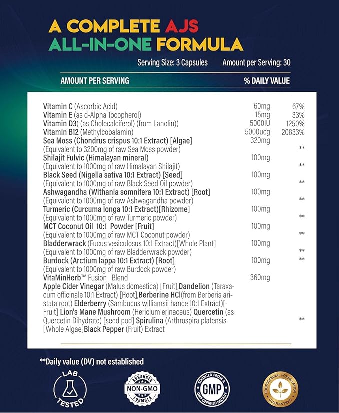 AJS Sea Moss Capsules 3200mg, Himalayan Shilajit 1000mg with Black Seed Oil, Ashwagandha, Turmeric, Bladderwrack, Burdock, Vitamins, Berberine, Lion’s Mane Mushroom, Elderberry- 90 Caps, 3 Pack