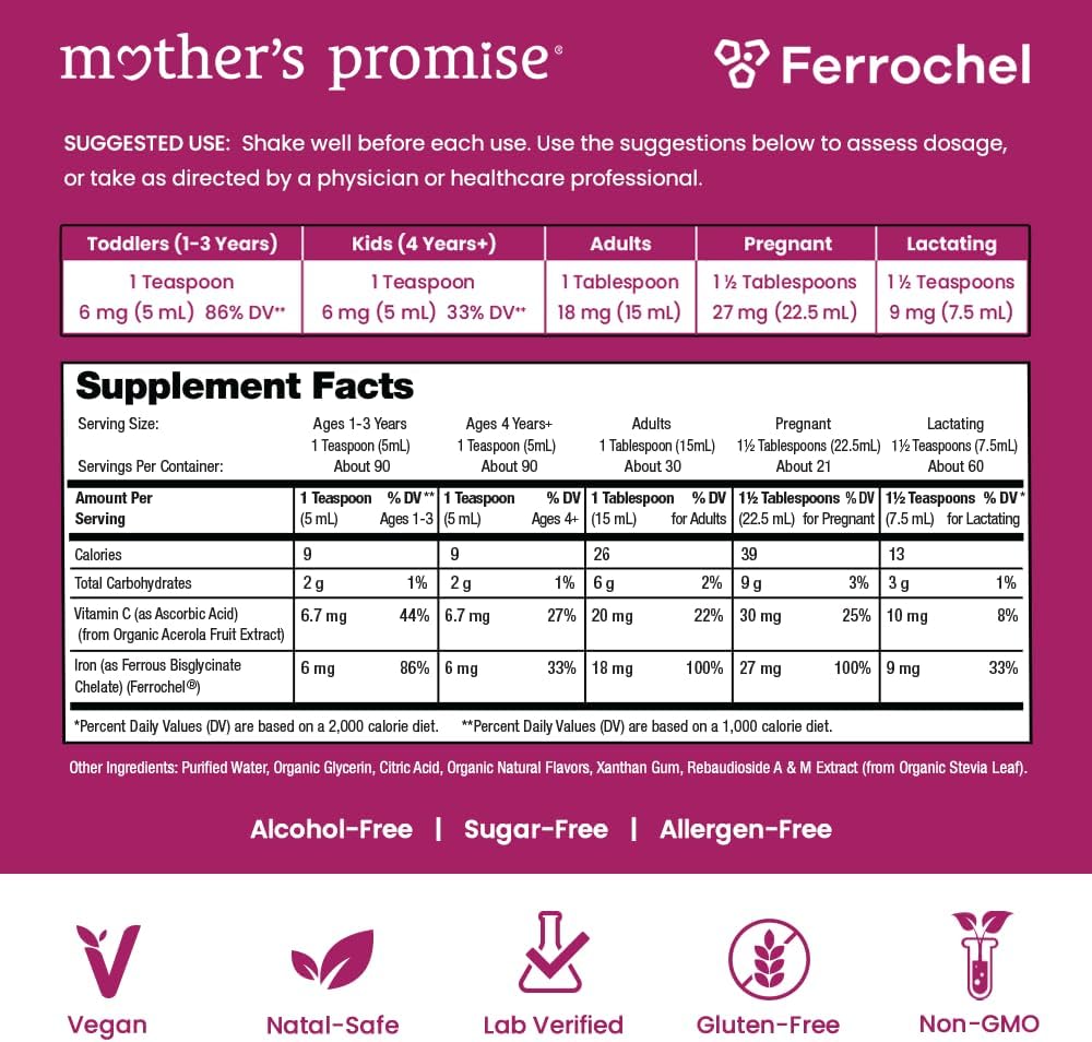 Organic Liquid Iron Supplement for Women, Men & Kids | Gentle Vegan Iron Supplements for Energy, Healthy Blood & Prenatal | Non Constipating, Sugar-Free Natural Berry Flavor, Ferrochel® & Vitamin C