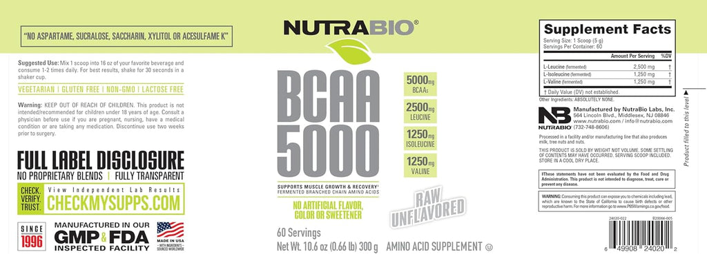 NutraBio BCAA 5000 Powder - Fermented Branched Chain Amino Acids for Muscle Growth & Recovery - Natural Flavors, Sweeteners, and Coloring, Vegan, Gluten Free - Unflavored, 60 Servings
