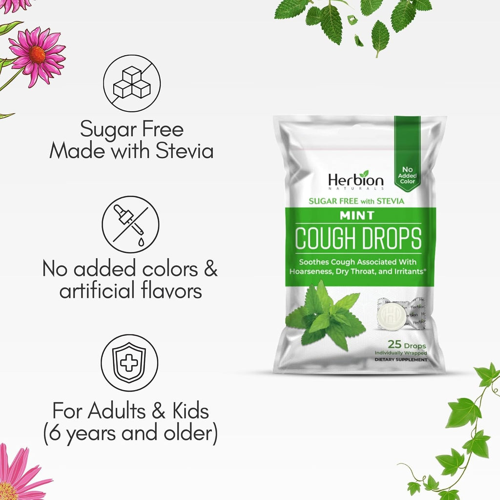 HERBION Naturals Cough Drops, Sugar-Free with Stevia, Dietary Supplement, Soothes Cough, for Adults & Children Over 6 Years, 125 Drops (Pack of 5), Mint