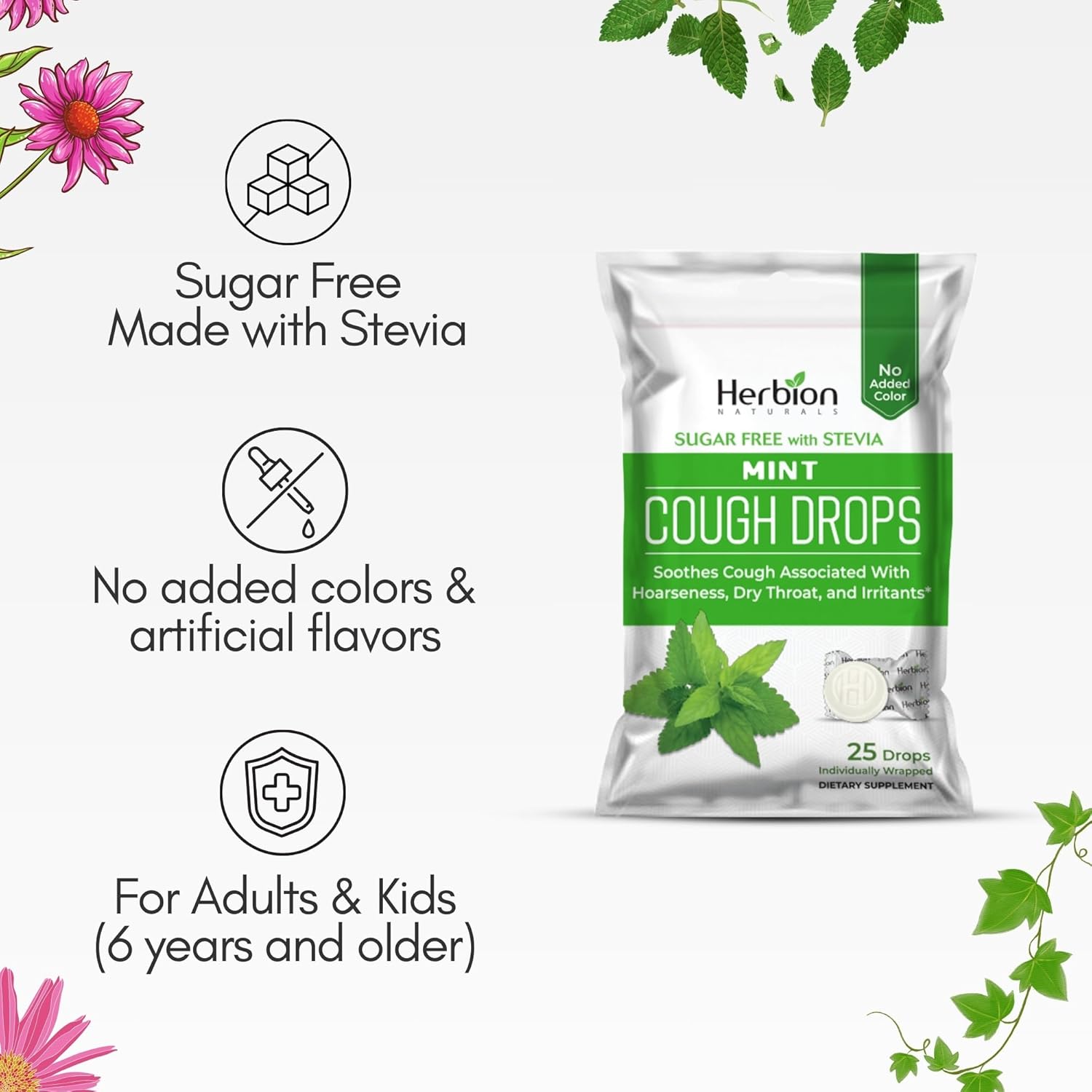 HERBION Naturals Cough Drops, Sugar-Free with Stevia, Dietary Supplement, Soothes Cough, for Adults & Children Over 6 Years, 125 Drops (Pack of 5), Mint