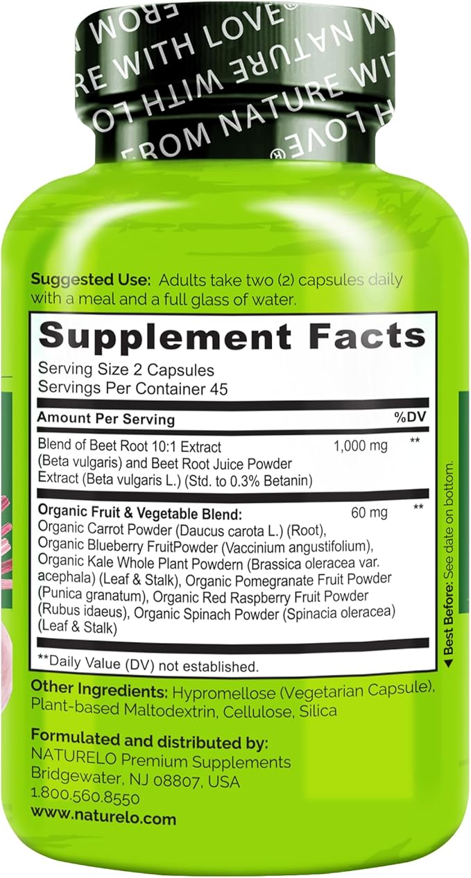 NATURELO Beet Root 90 Capsules – Heart Health & Blood Pressure Support* – 1000mg Beet Root Extract + Whole Food Blend – Non-GMO, Vegan, Gluten-Free