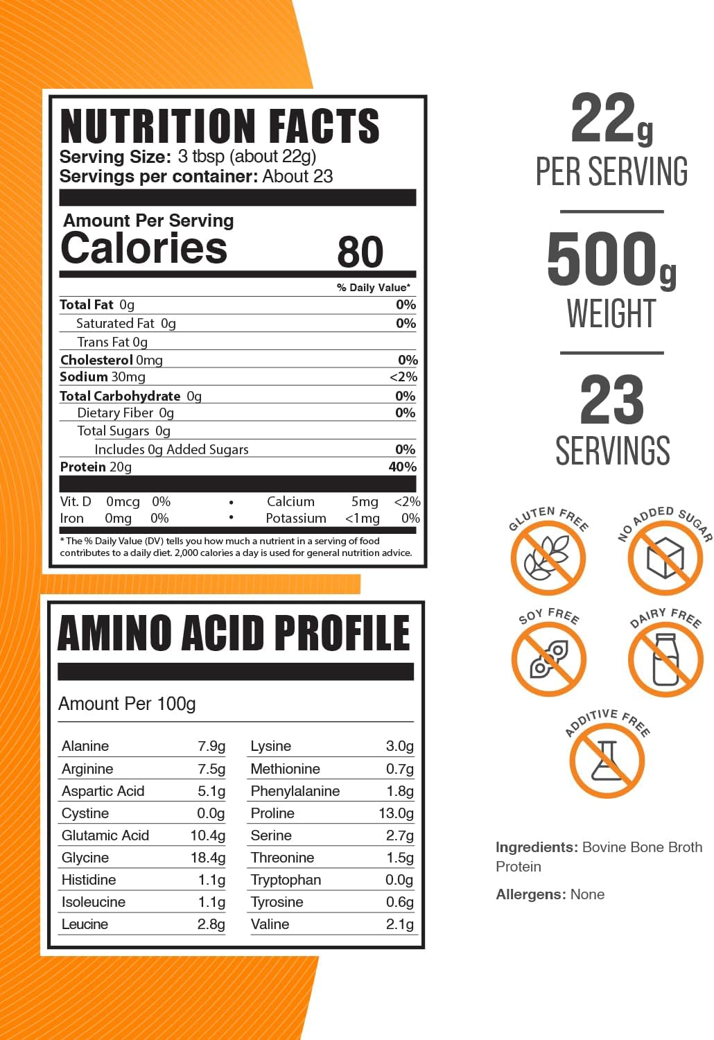 BulkSupplements.com Beef Bone Broth Protein Powder - Bovine Bone Broth Protein, Lactose Free Protein Powder - Dairy Free & Gluten Free, 22g per Serving, 500g (1.1 lbs) (Pack of 1)