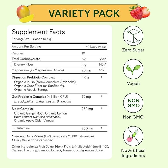 Feel Goods Gut Guardian, Digestive Health Powder Packets - Probiotic Fiber Powder with Prebiotics & L Glutamine for Gut Health, Bloating Relief & Digestion Support - Zero Sugar & Organic Flavor