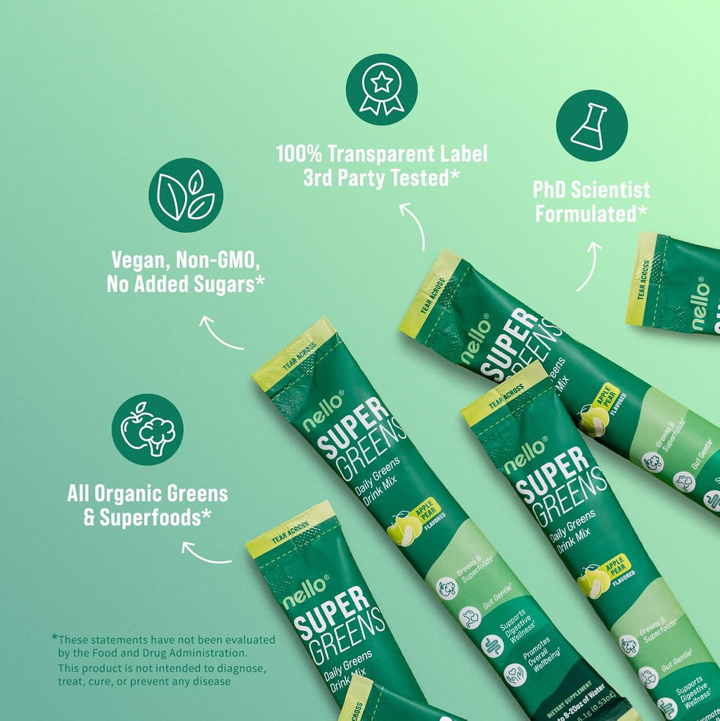 Supergreens Superfood Drink Mix with Chlorella, Moringa, Spinach, Broccoli, Digestive Enzymes, and Probiotics – Apple Pear Flavor, 20 Servings, Travel Pack