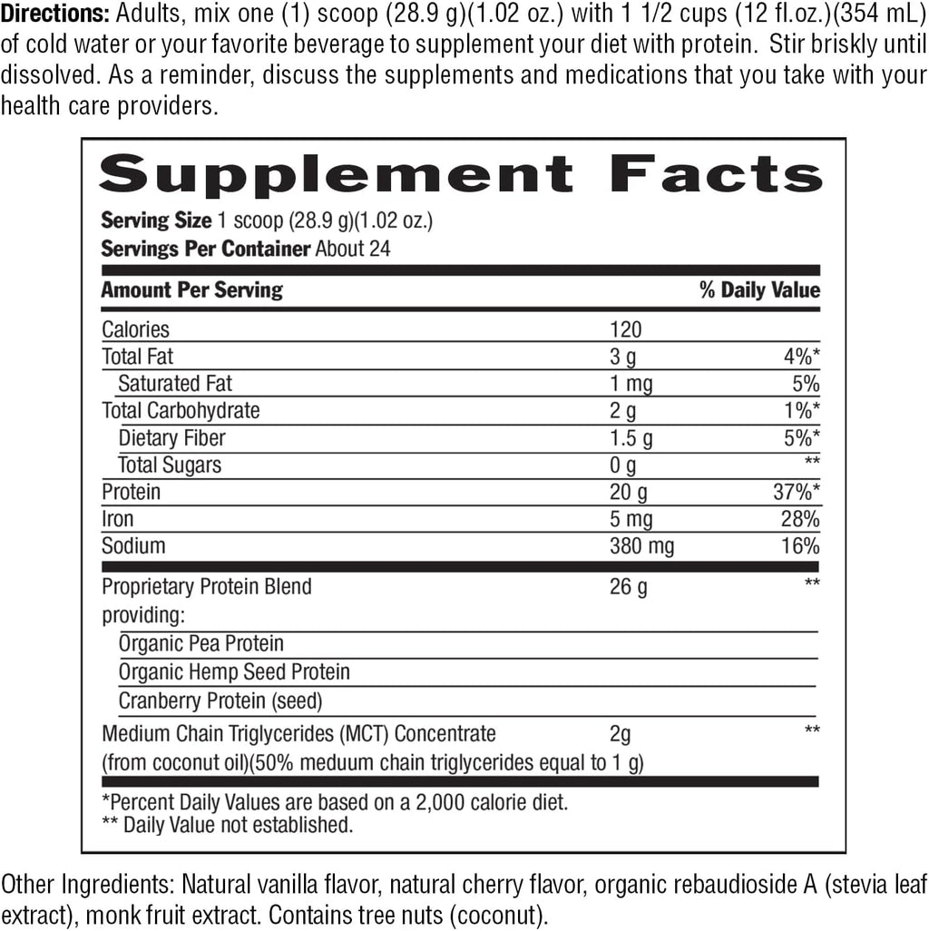 Biochem Vegan Protein Powder, 20g Pure Plant-Based Protein per Serving, Organic Pea, Hemp & Cranberry, Soy-Free, Gluten-Free, Vanilla, 1.5 lb