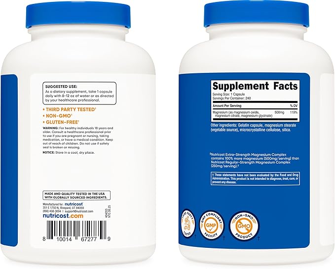 Nutricost Magnesium Complex 500mg, 240 Capsules - Magnesium Oxide, Citrate, and Glycinate - Gluten Free and Non-GMO (Pack of 2)