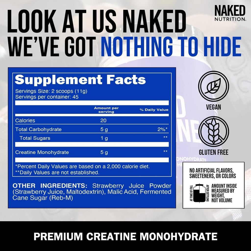 NAKED Creatine - Strawberry Flavored Creatine Monohydrate - Real Strawberry Powder, No Additives, Muscle Growth, Vegan, Non-GMO, Gluten Free, Soy Free - 45 Servings