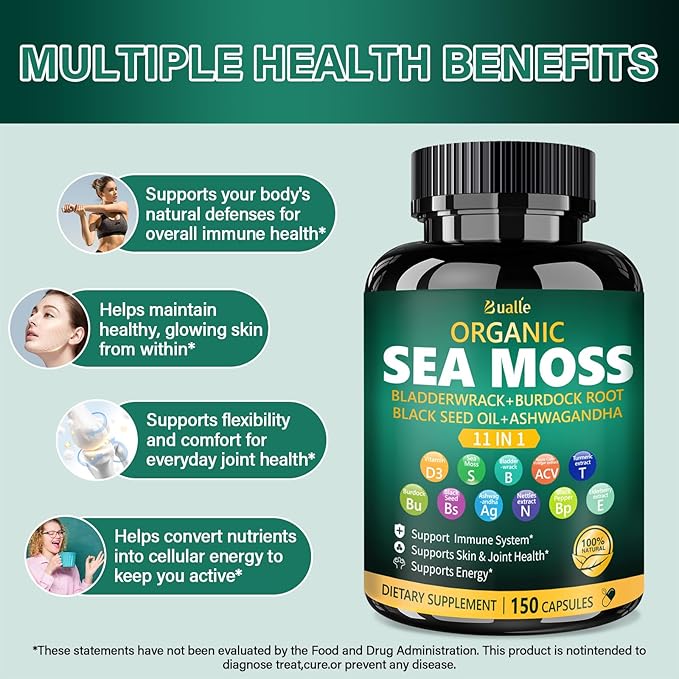 Bualle Irish Sea Moss Capsules – Organic Sea Moss, Black Seed Oil, Ashwagandha Supplements with Bladderwrack, Ginger & Burdock Root – Supports Daily Wellness, Skin & Energy – 150 Capsules (1 Pack)