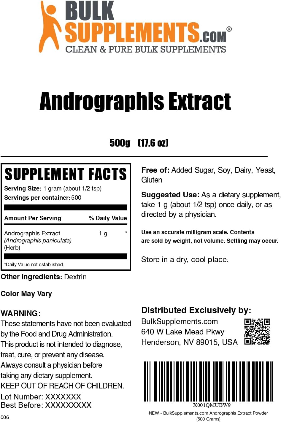 BulkSupplements.com Andrographis Extract Powder - Andrographis Paniculata, Herbal Supplement - Gluten Free, 1g per Serving, 500g (1.1 lbs) (Pack of 1)