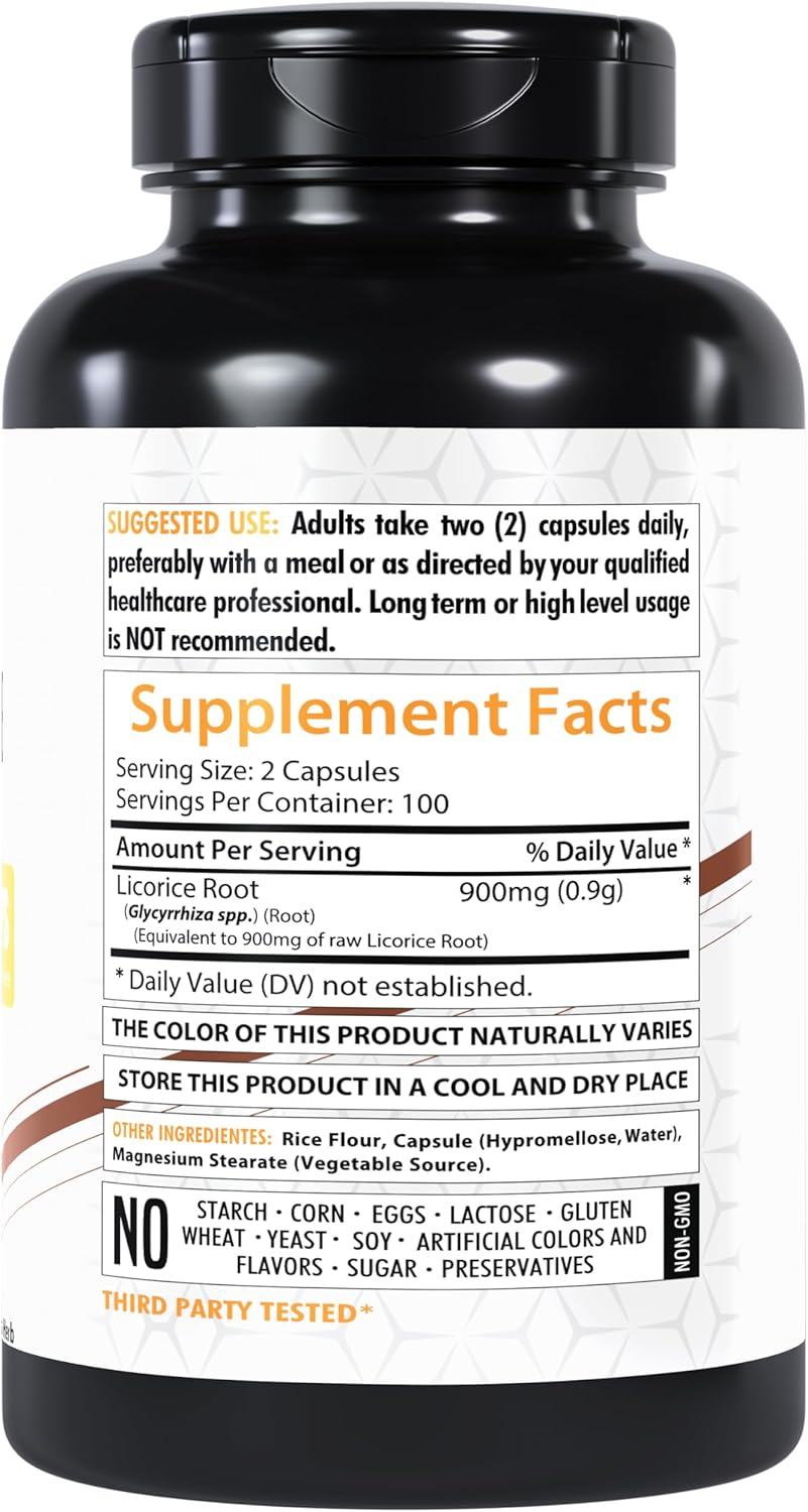 Licorice Root Extract Supplement, 900mg | 200 Vegan Capsules | High Potency | Non-GMO | Gluten-Free