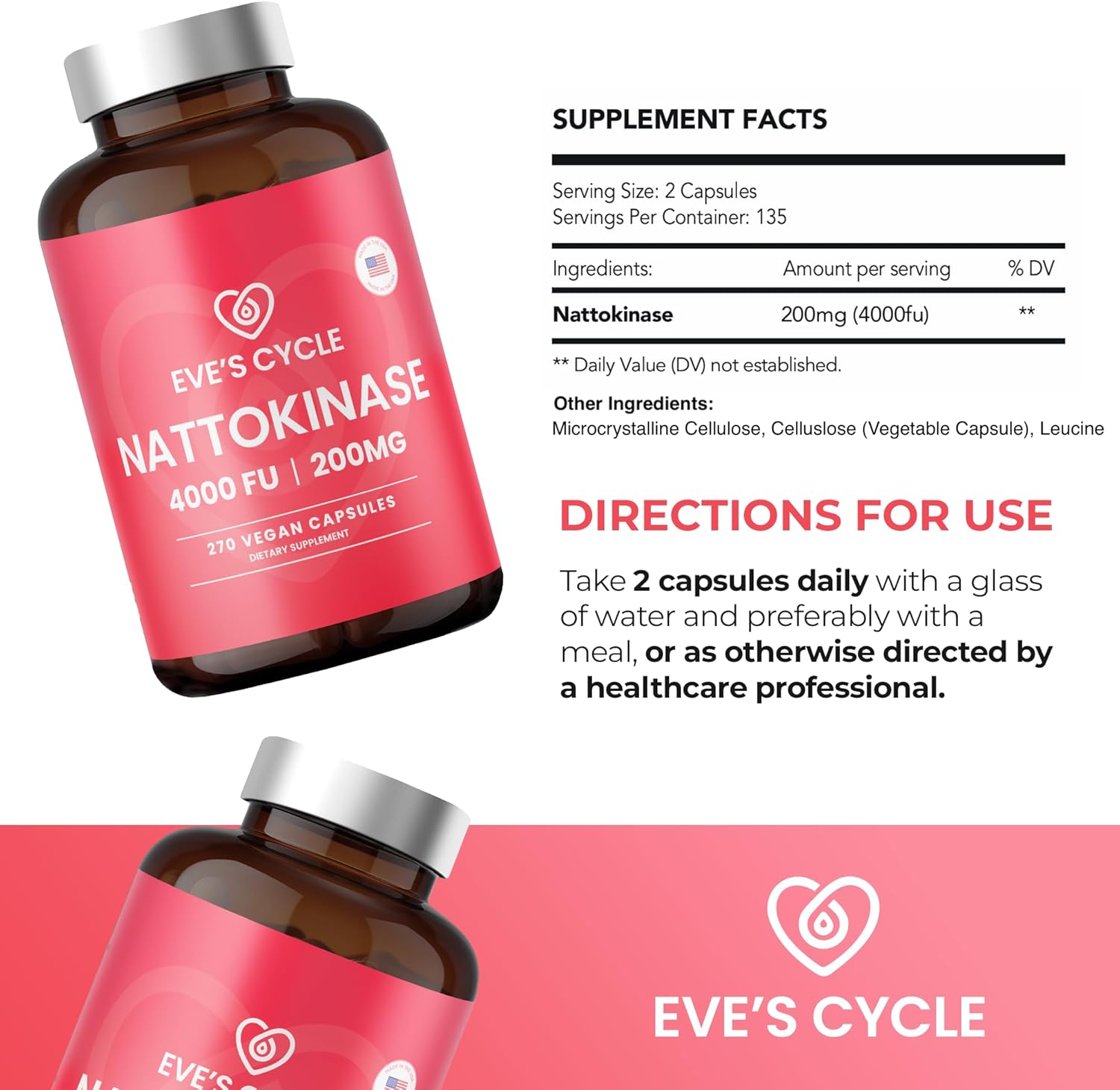 Eve's Cycle Nattokinase Supplement 4000 FU - 270 Vegan Natto Capsules - Premium Japanese Enzyme, Natural Blood Thinner, Organic, No Stearates, Non-GMO, Made in USA