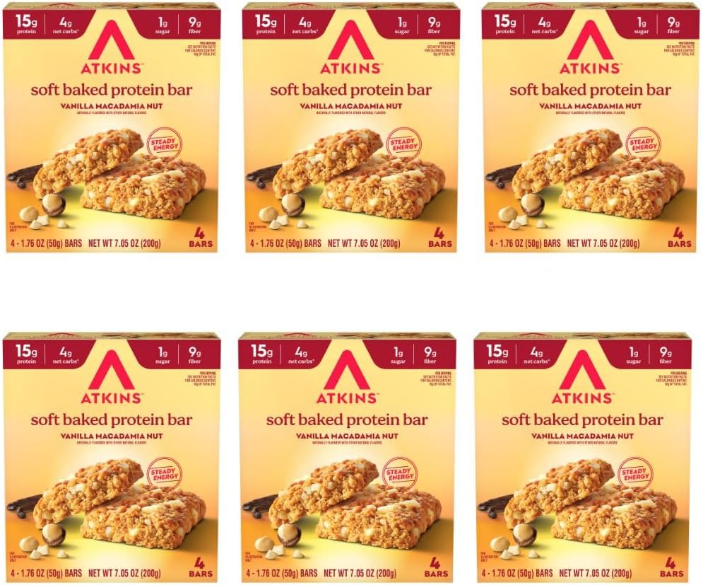 Atkins Soft Baked High Protein Bars, Vanilla Macadamia Nut Flavor, 15g Protein, 4g Net Carbs, 2g Sugar, Keto Snacks, Low Sugar Bars, High Fiber Snacks, 6 pack (4 bars each)