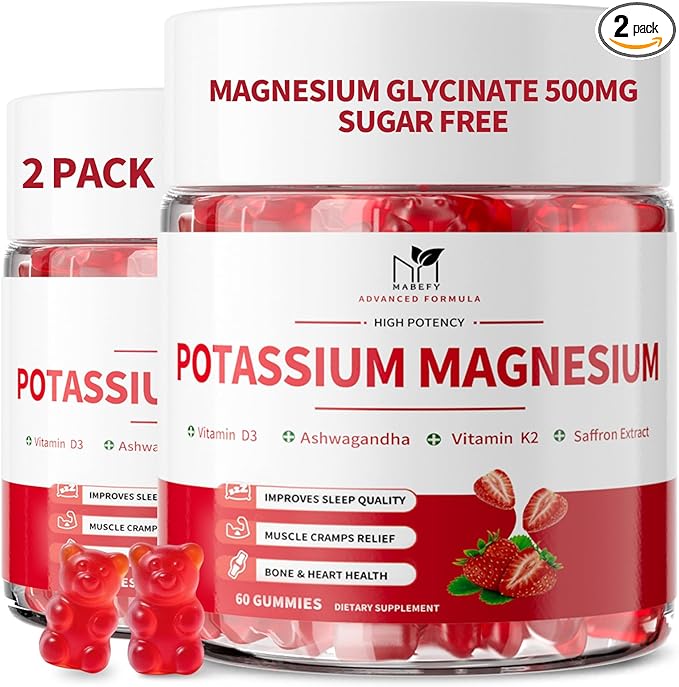 2 Pack Potassium Magnesium Gummies, Sugar Free Potassium Supplement Magnesium Glycinate 500mg, Ashwagandha, Vitamins D3, C, B6, Calcium & Zinc for Sleep, Leg Cramps & Muscle Relaxation-120 Count