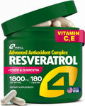 Resveratrol Supplement 1800mg Complex - COQ10, Quercetin, Vitamin E, Vitamin C - Powerful Antioxidant Formula for Enhanced Energy, Heart Health & Healthy-Aging Support Trans Resveratrol 180 Capsules