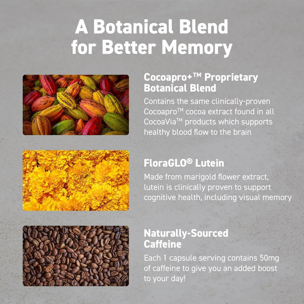CocoaVia Memory & Focus Brain Supplement, 90 Day, Cocoa Flavanol Blend, Lutein, Added Caffeine for Boost. Improve Cognitive Function, Attention, Vegan & Plant Based, 90 Capsules