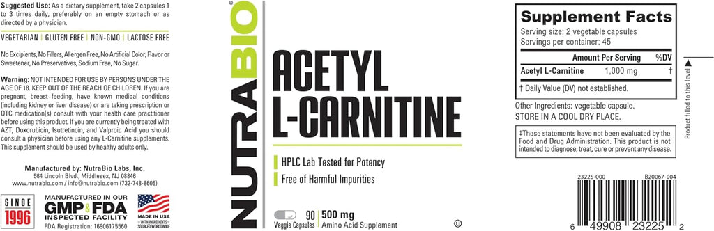 NutraBio Acetyl L-Carnitine (ALCAR) Supplement, 500mg - Support Natural Energy Production, Metabolic Management, and Overall Health, 90 Capsules