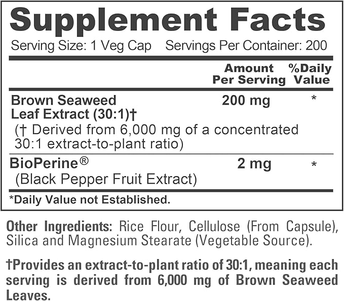 NusaPure Brown Seaweed 30:1 Extract, 200 mg Equivalent to 6,000 mg 200 Veggie Capsules - (Vegan, Non-GMO Bioperine)