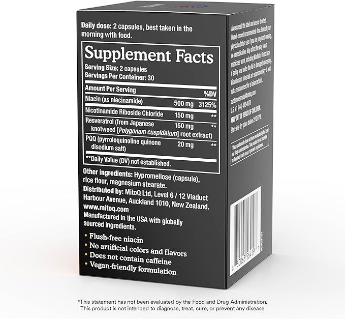 MitoQ NAD+ Dual Action Supplement | Niacin (Niacinamide), Nicotinamide Riboside (NR), Resveratrol & PQQ | Supports Cellular Energy | 60 Capsules